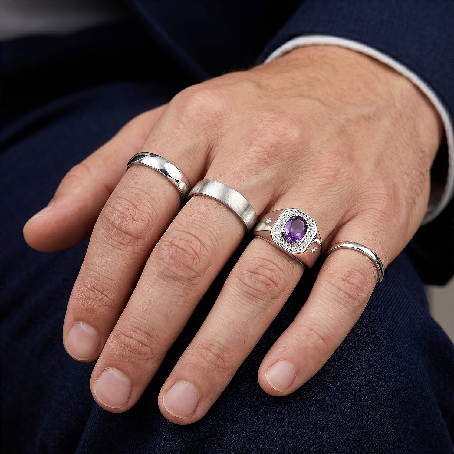 EverTrue Rose De Morocco and White Zircon 1.50 ctw Men's Ring in Platinum Bond (Size 11.0)