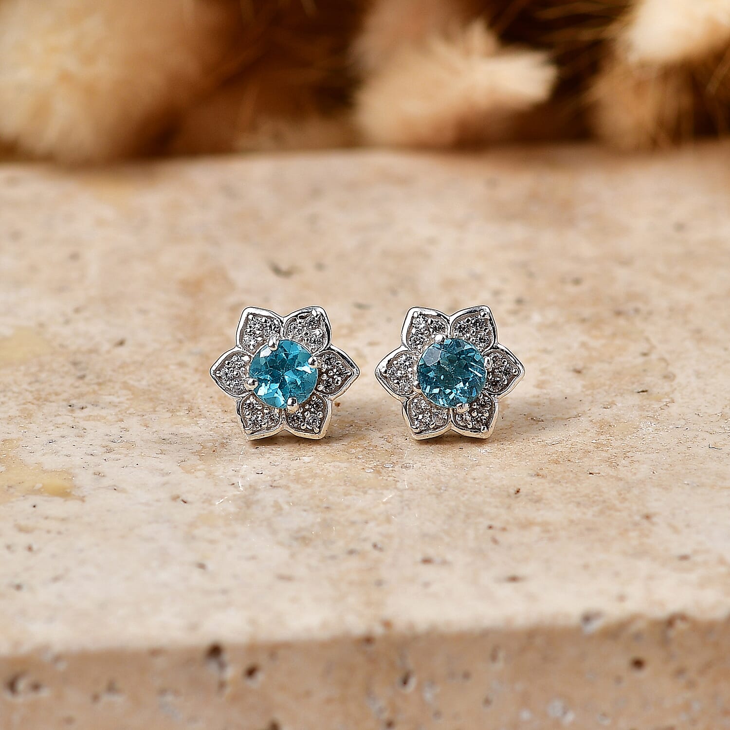 D'Joy Blue Apatite and White Zircon 1.55 ctw Stud Earrings in Platinum Over Sterling Silver