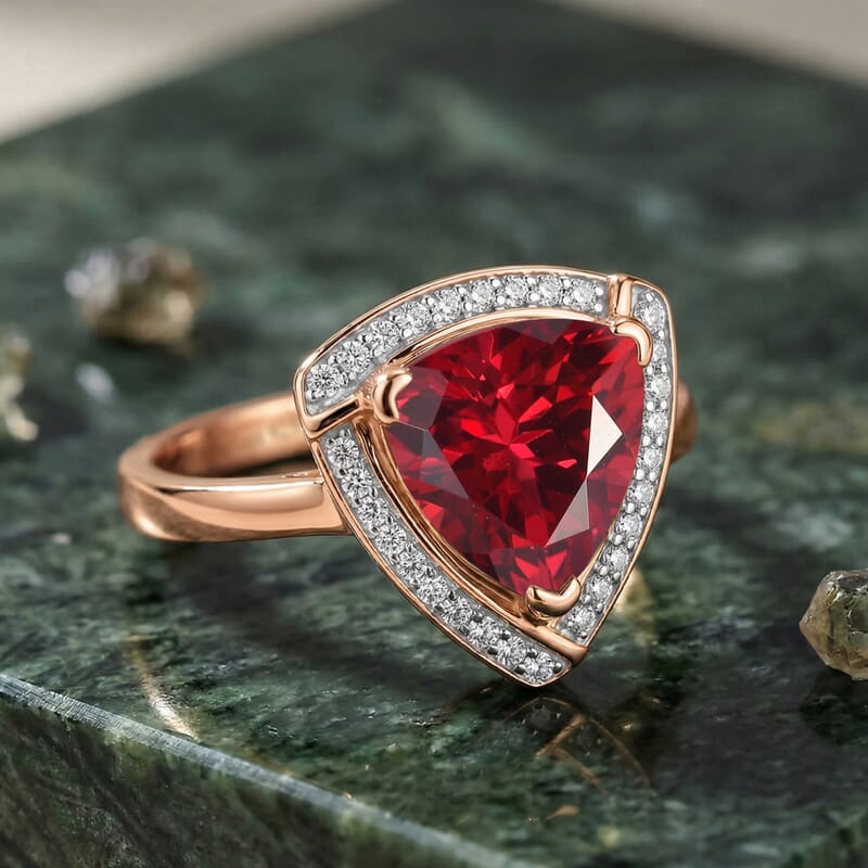 D'Joy Lab Grown Padparadscha Sapphire and Moissanite 4.00 ctw Ring in 18K Vermeil Rose Gold Over Sterling Silver (Size 7.5)