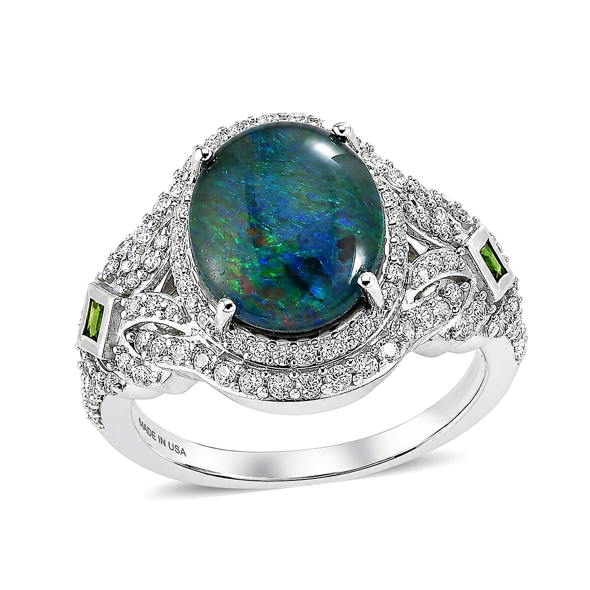 D'Joy Premium Australian Black Ridge (Triplet) Opal and Multi Gemstone 4.10 ctw Mystic Lace Ring in Rhodium Over Sterling Silver (Size 10.0)