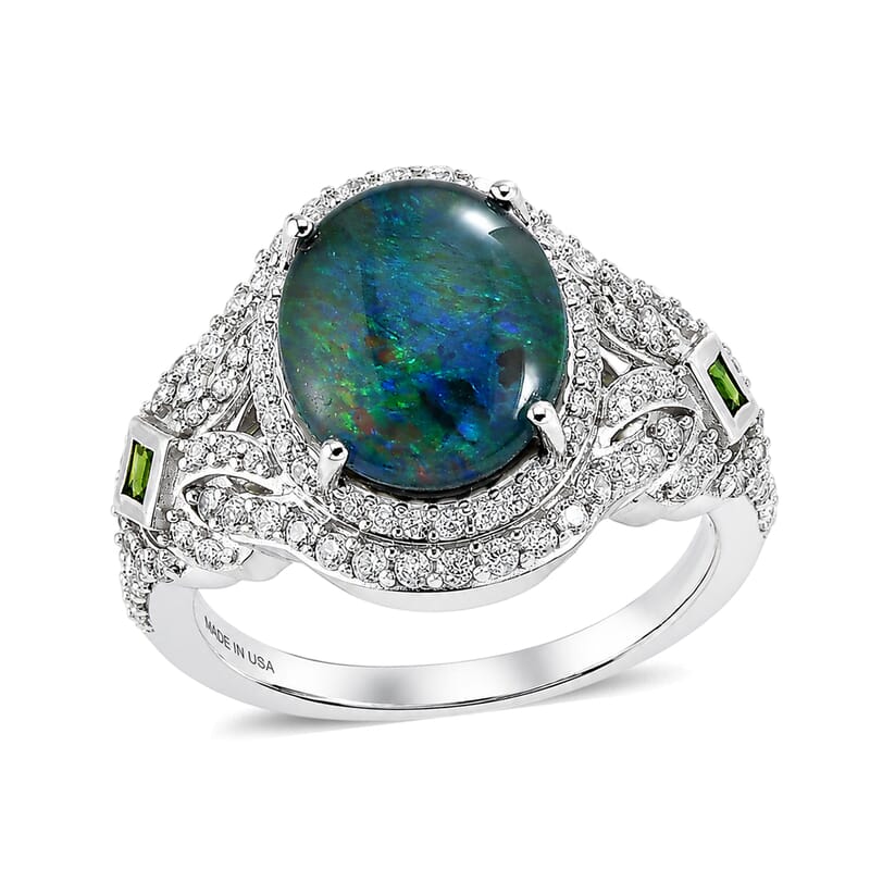 D'Joy Premium Australian Black Ridge (Triplet) Opal and Multi Gemstone 4.10 ctw Mystic Lace Ring in Rhodium Over Sterling Silver (Size 10.0)