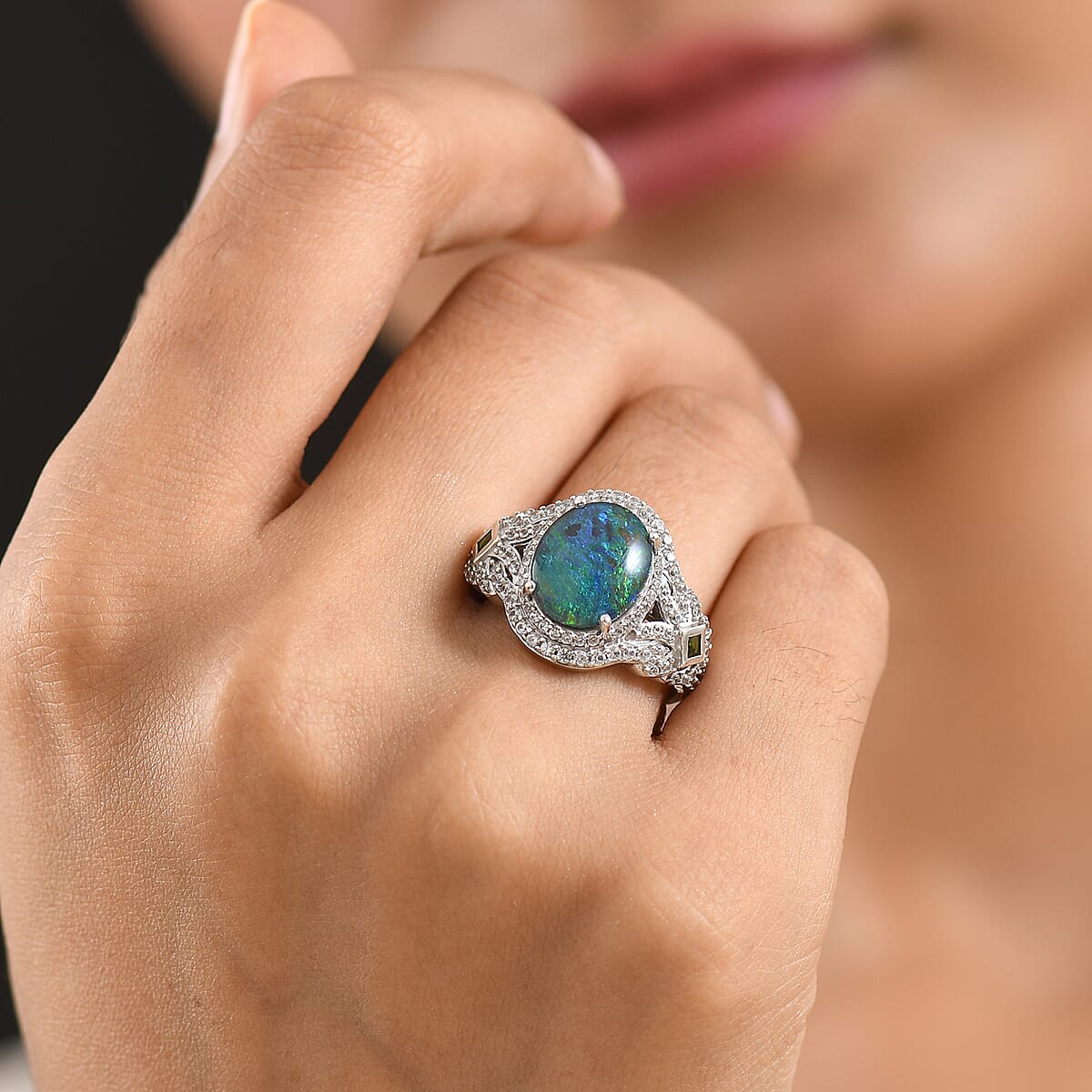 D'Joy Premium Australian Black Ridge (Triplet) Opal and Multi Gemstone 4.10 ctw Mystic Lace Ring in Rhodium Over Sterling Silver (Size 10.0) image number 2