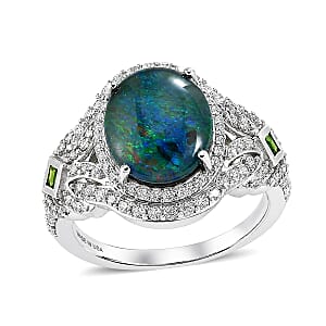 D'Joy Premium Australian Black Ridge Opal (Triplet) and Multi Gemstone 4.10 ctw Mystic Lace Ring in Rhodium Over Sterling Silver (Size 9.0)