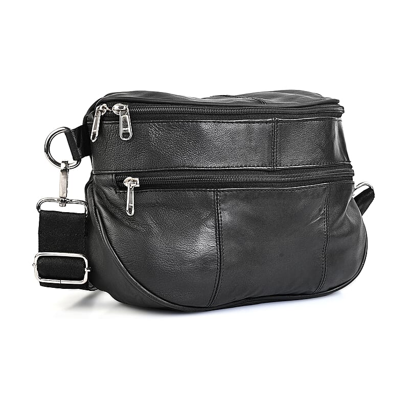 La Marey Black Genuine Leather Front Pocket RFID Crossbody Bag