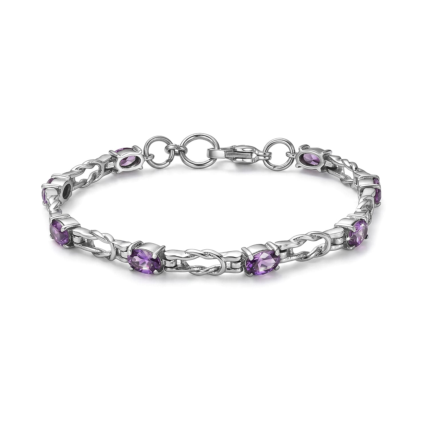 EverTrue Simulated Amethyst Color Diamond Bracelet in Stainless Steel (6.50 In)
