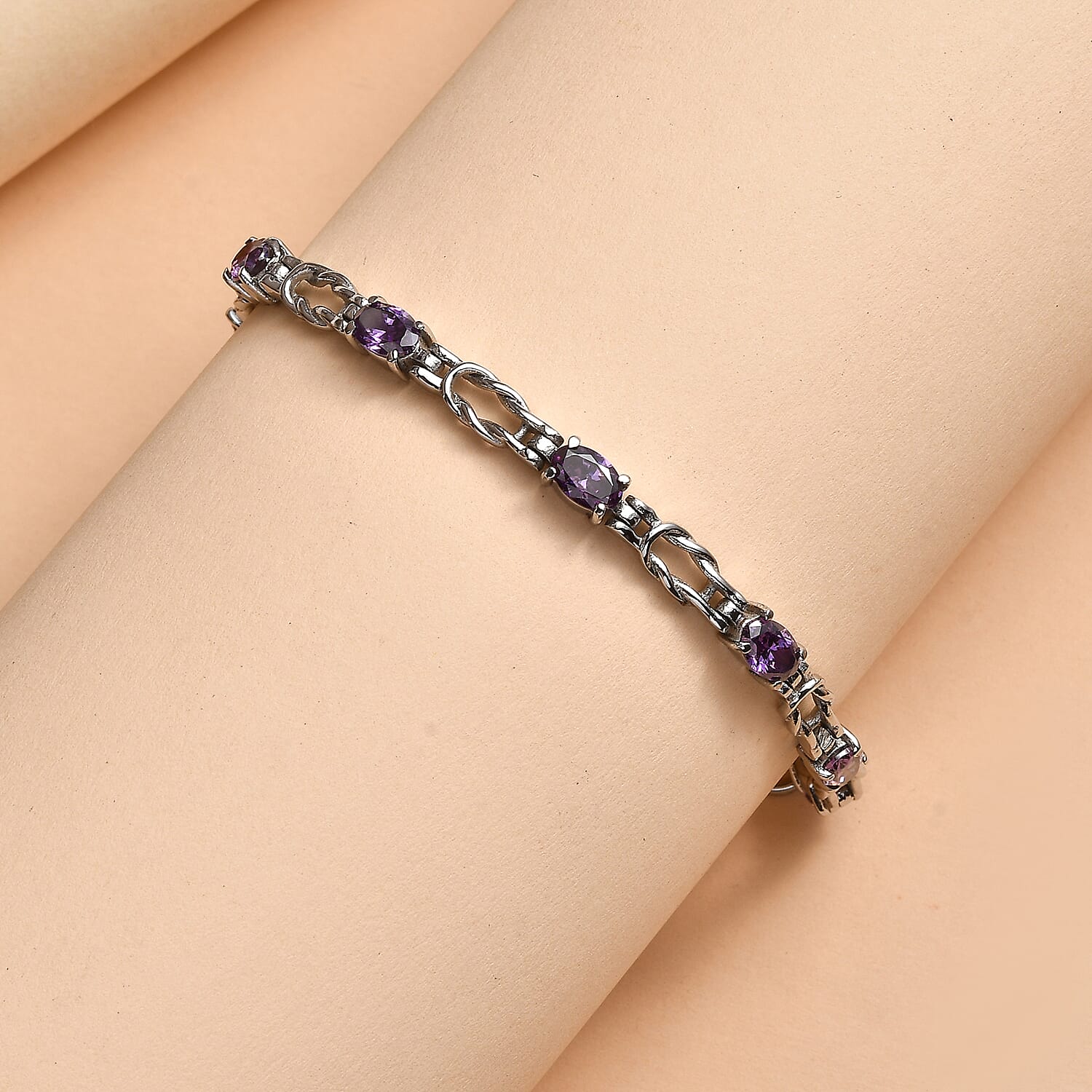 EverTrue Simulated Amethyst Color Diamond Bracelet in Stainless Steel (6.50 In)