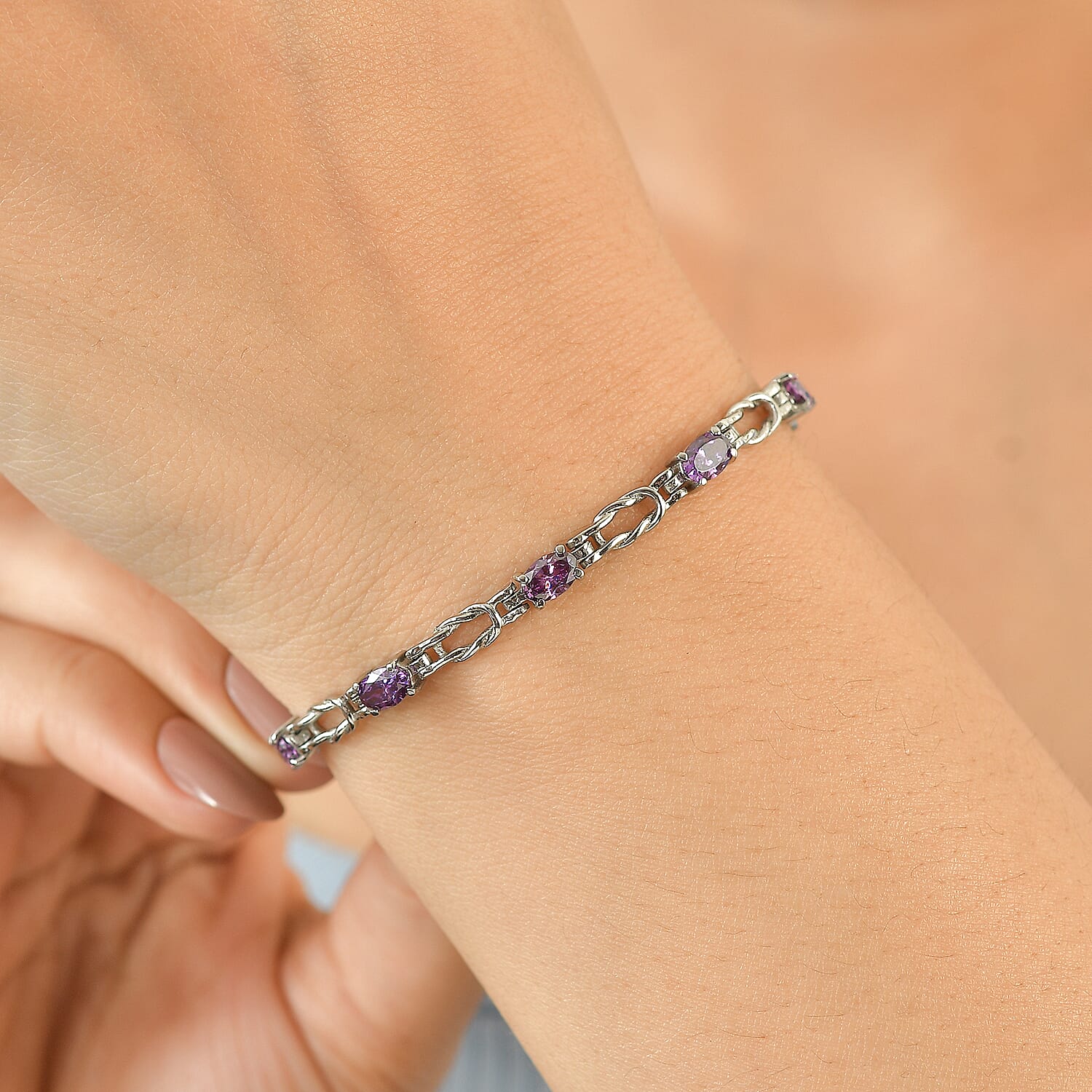 EverTrue Simulated Amethyst Color Diamond Bracelet in Stainless Steel (6.50 In)