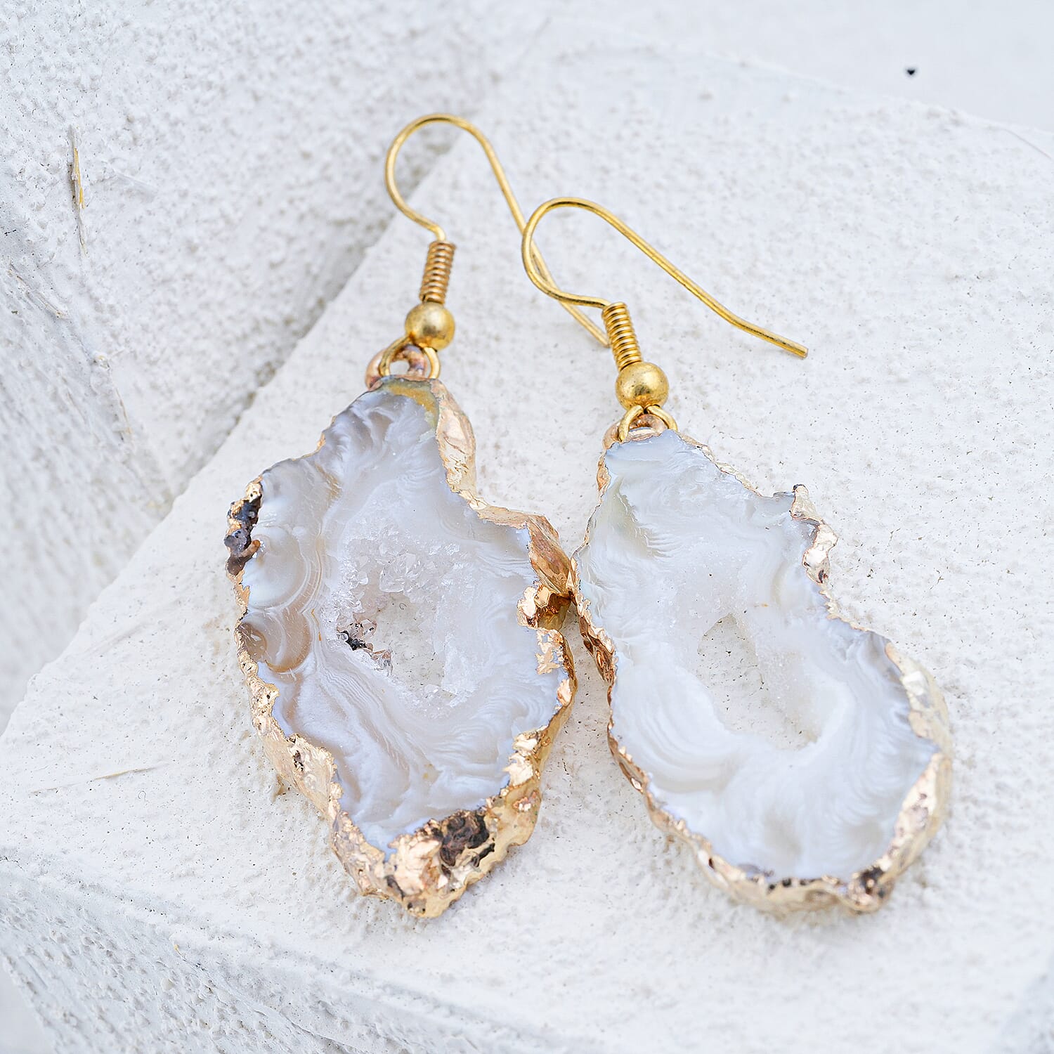 Geode Slice Quartz 40.00 ctw Earrings in Goldtone