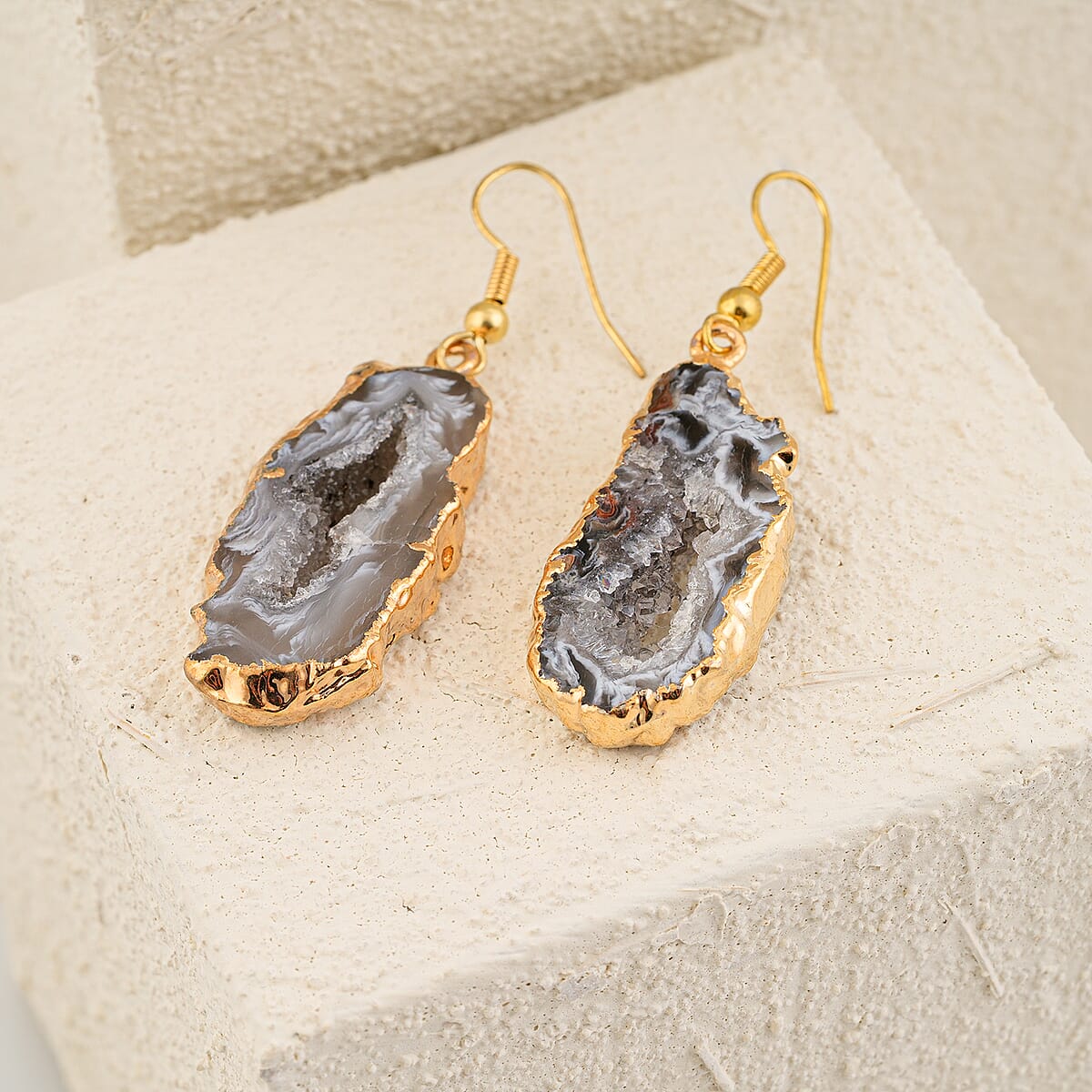 Geode Slice Quartz 30.00 ctw Earrings in Goldtone image number 1