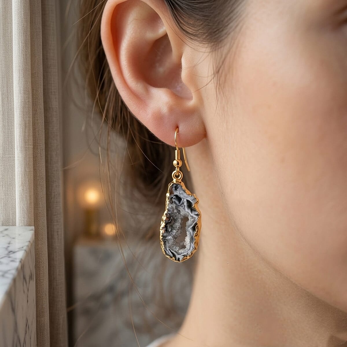 Geode Slice Quartz 30.00 ctw Earrings in Goldtone image number 2