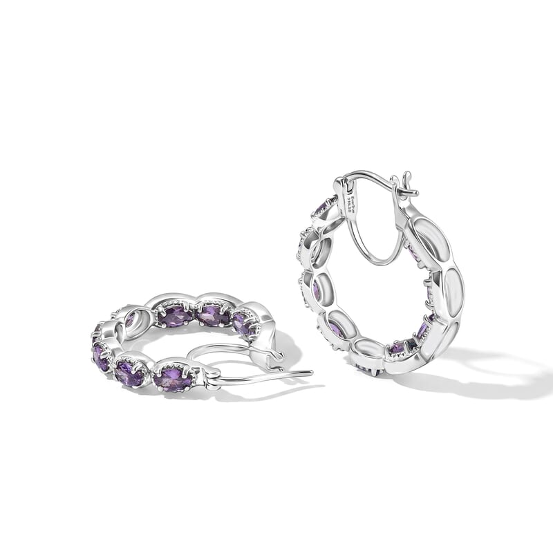 EverTrue Simulated Amethyst Color Diamond Hoop Earrings in Stainless Steel