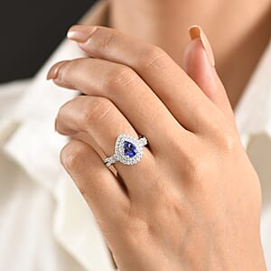 Certified & Appraised D'Joy Premium Tanzanite and Moissanite 2.00 ctw Ring in Rhodium Over Sterling Silver (Size 10.0)