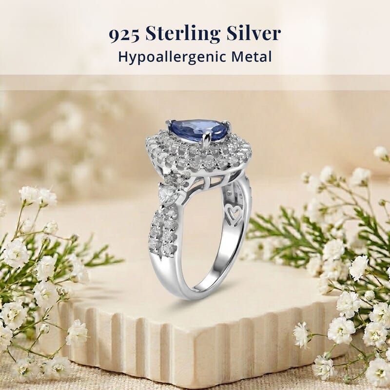 Certified & Appraised D'Joy Premium Tanzanite and Moissanite 2.00 ctw Ring in Rhodium Over Sterling Silver (Size 7.0)