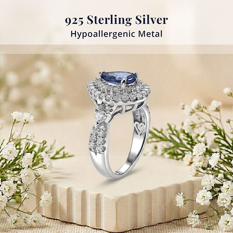 Certified & Appraised D'Joy Premium Tanzanite and Moissanite 2.00 ctw Ring in Rhodium Over Sterling Silver (Size 7.0)