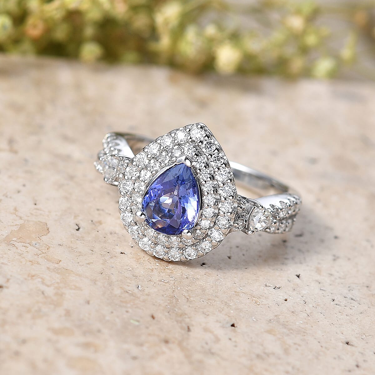 Certified & Appraised D'Joy Premium Tanzanite and Moissanite 2.00 ctw Ring in Rhodium Over Sterling Silver (Size 9.0) image number 1