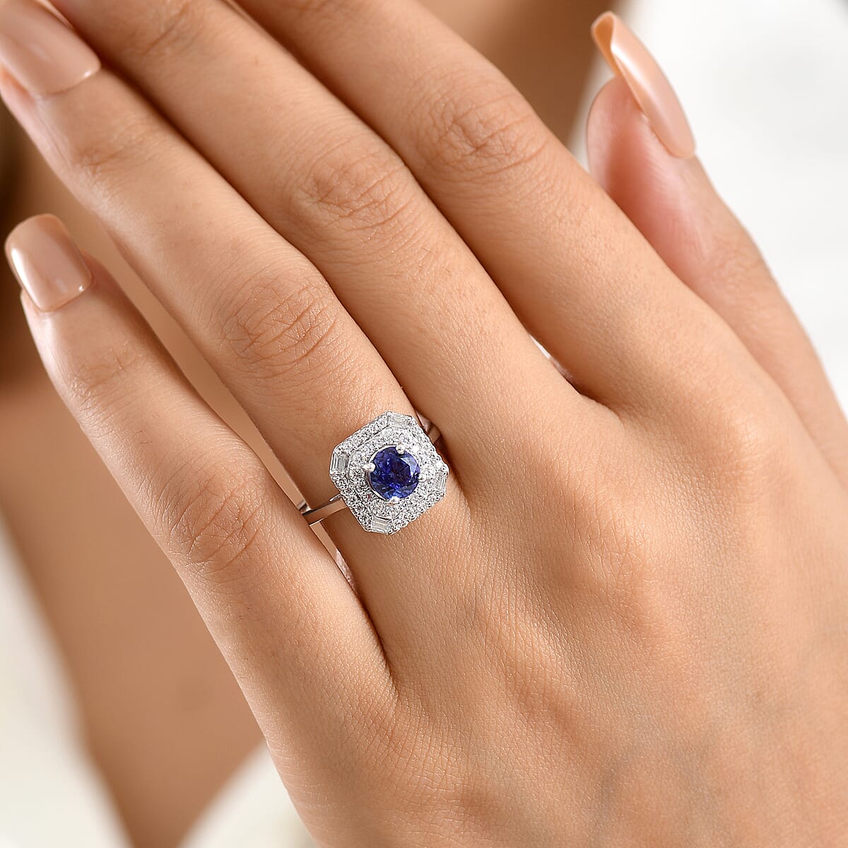 Certified & Appraised D'Joy Tanzanite and Moissanite 1.75 ctw Ring in Rhodium Over Sterling Silver (Size 8.0) image number 2