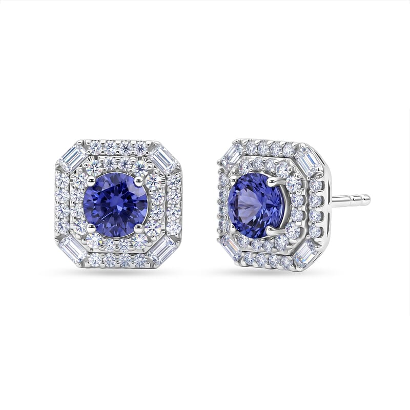 Certified & Appraised D'Joy Tanzanite and Moissanite 2.30 ctw Earrings in Rhodium Over Sterling Silver