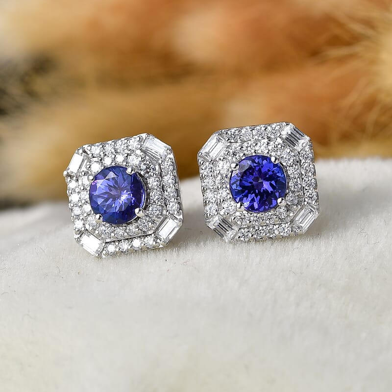 Certified & Appraised D'Joy Tanzanite and Moissanite 2.30 ctw Earrings in Rhodium Over Sterling Silver