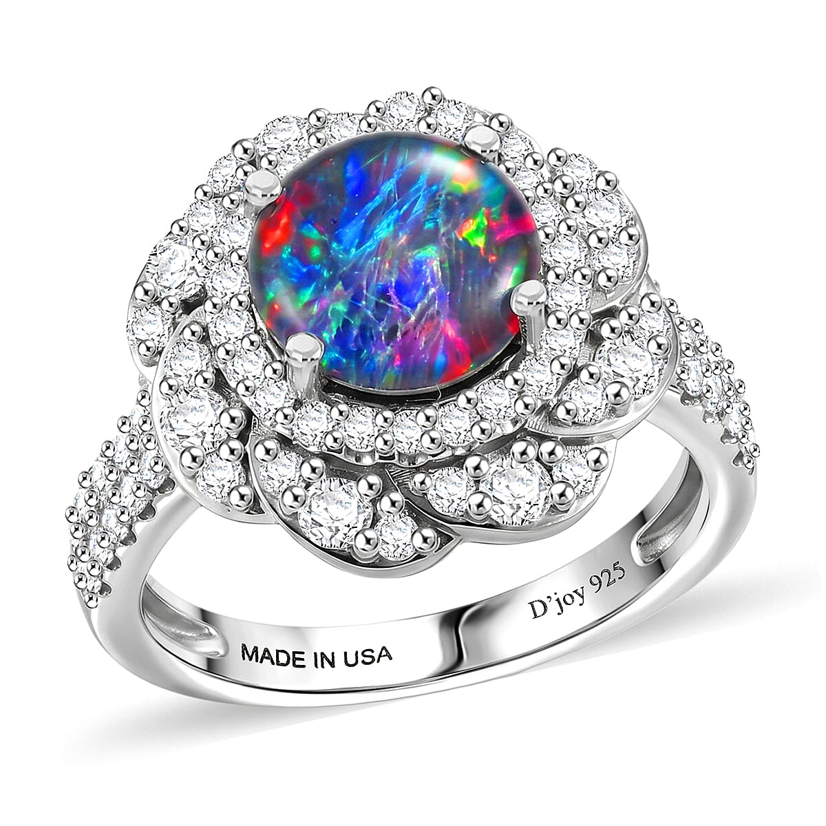 Certified & Appraised D'Joy Premium Australian Black Ridge Opal Triplet and Moissanite 2.25 ctw Ring in Rhodium Over Sterling Silver (Size  6.0)