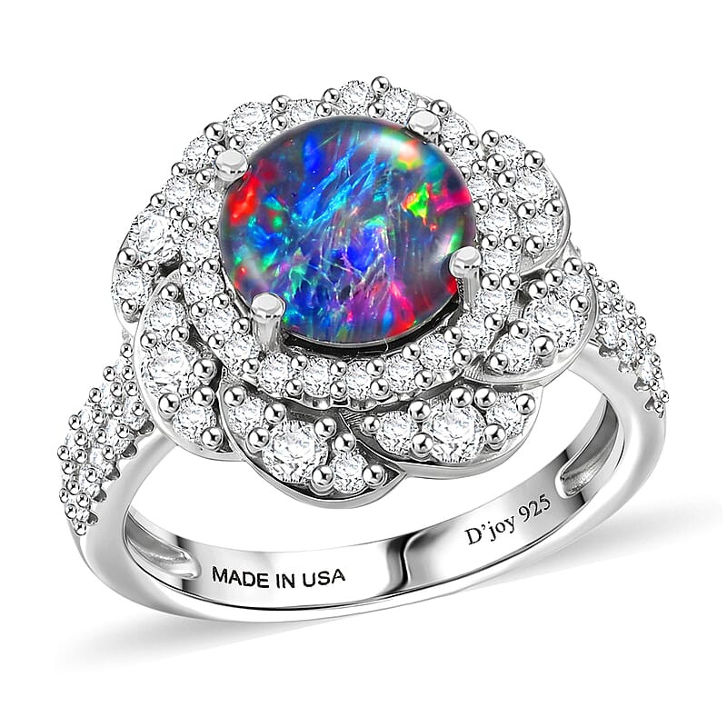 Certified & Appraised D'Joy Premium Australian Black Ridge Opal Triplet and Moissanite 2.25 ctw Ring in Rhodium Over Sterling Silver (Size  6.0)