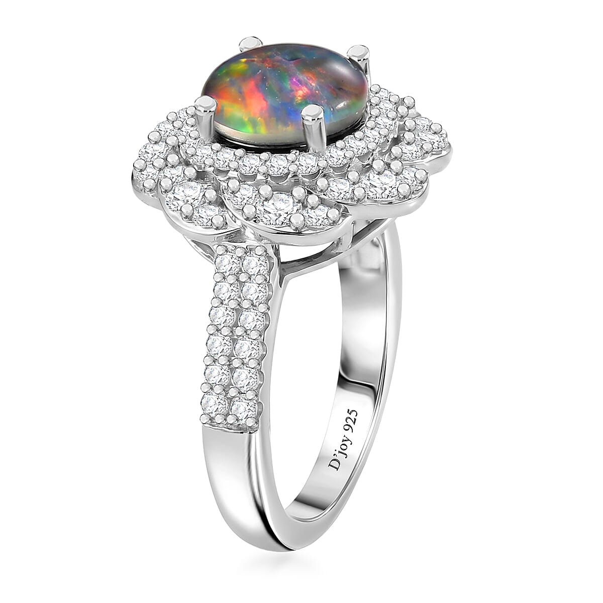 Certified & Appraised D'Joy Premium Australian Black Ridge Opal Triplet and Moissanite 2.25 ctw Ring in Rhodium Over Sterling Silver (Size  6.0) image number 3
