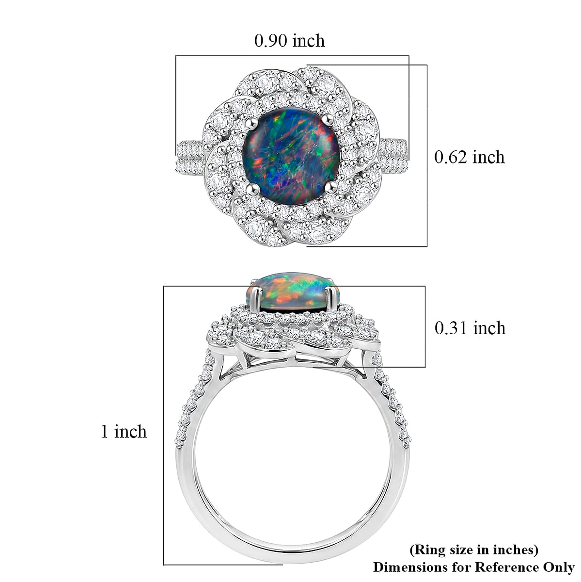 Certified & Appraised D'Joy Premium Australian Black Ridge Opal Triplet and Moissanite 2.25 ctw Ring in Rhodium Over Sterling Silver (Size  7.0) image number 5