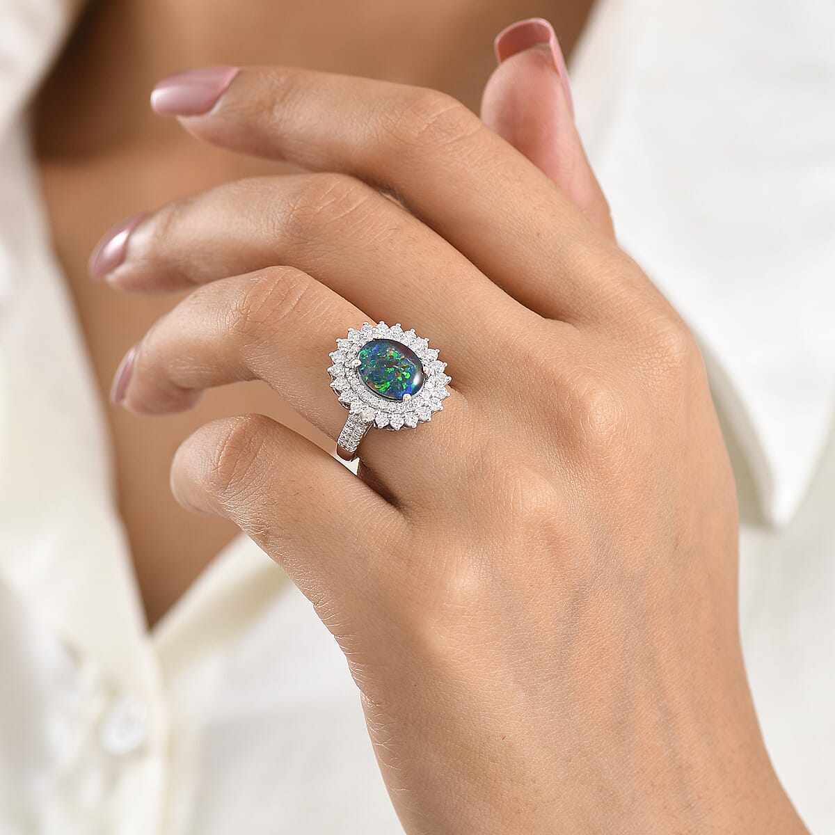 Certified & Appraised D'Joy Premium Australian Opal Triplet and Moissanite 3.30 ctw Ring in Rhodium Over Sterling Silver (Size 10.0) image number 2