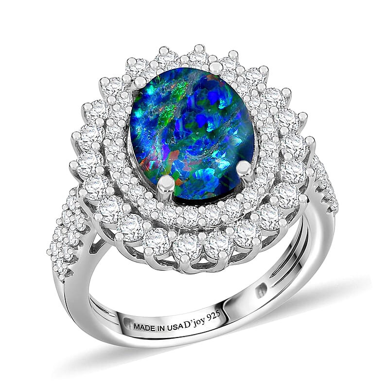 Certified & Appraised D'Joy Premium Australian Opal Triplet and Moissanite 3.30 ctw Ring in Rhodium Over Sterling Silver (Size 6.0)