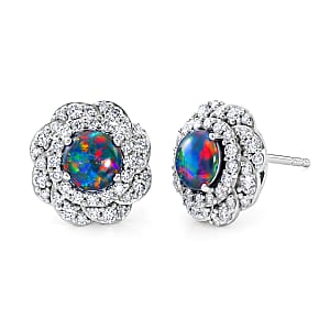 Certified & Appraised D'Joy Premium Australian Black Ridge Opal Triplet and Moissanite 2.15 ctw Earrings in Rhodium Over Sterling Silver