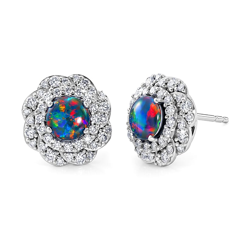 Certified & Appraised D'Joy Premium Australian Black Ridge Opal Triplet and Moissanite 2.15 ctw Earrings in Rhodium Over Sterling Silver