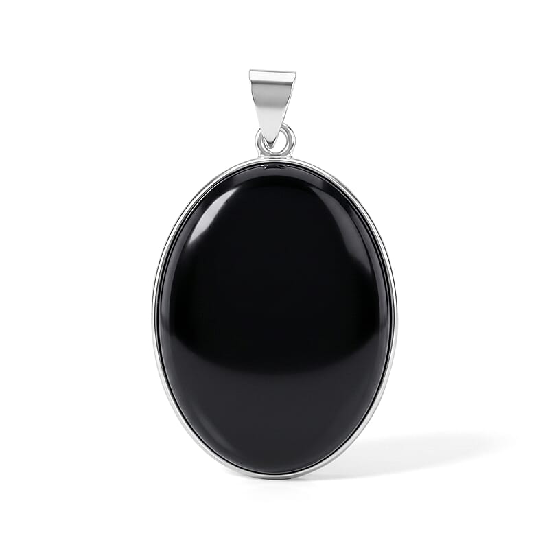 Black Jasper 50.00 ctw Oval Pendant without Chain in Silvertone