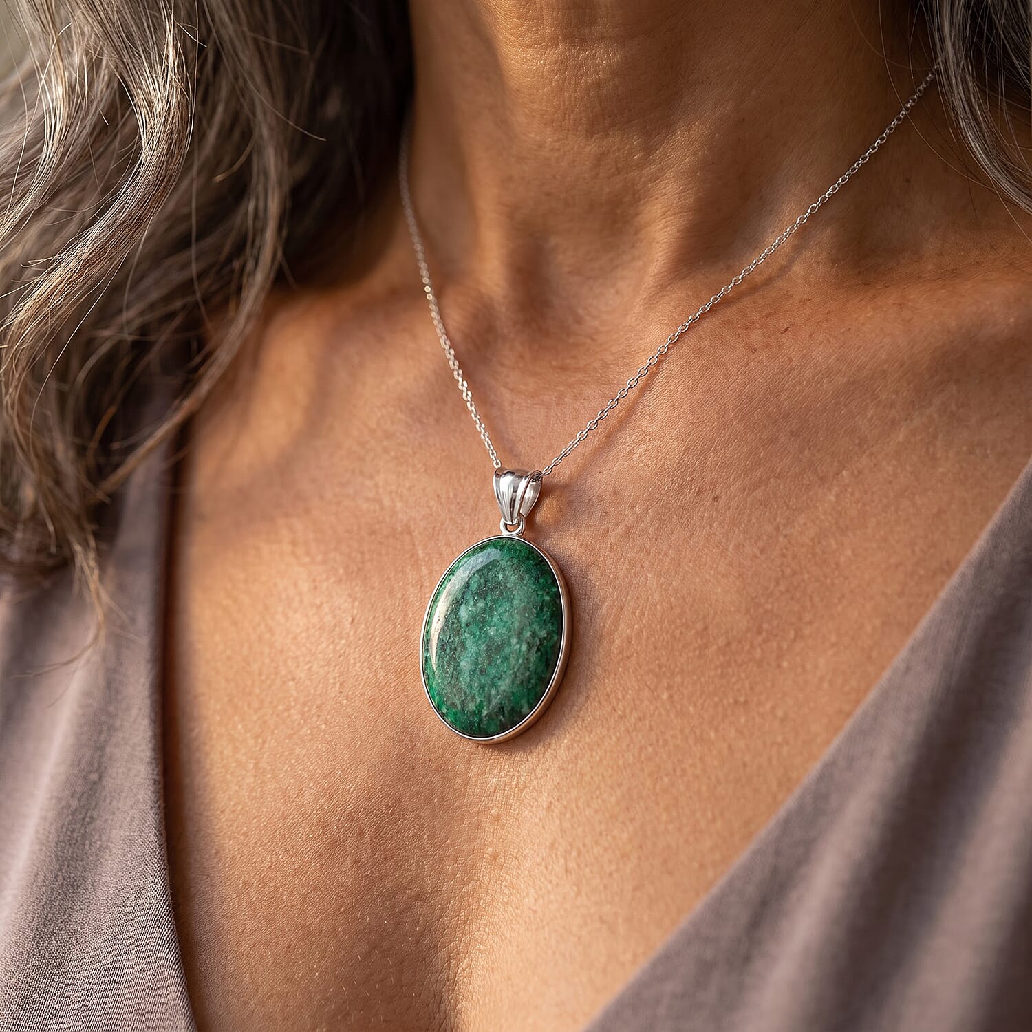 Rainforest Jasper 50.00 ctw Oval Pendant without Chain in Silvertone
