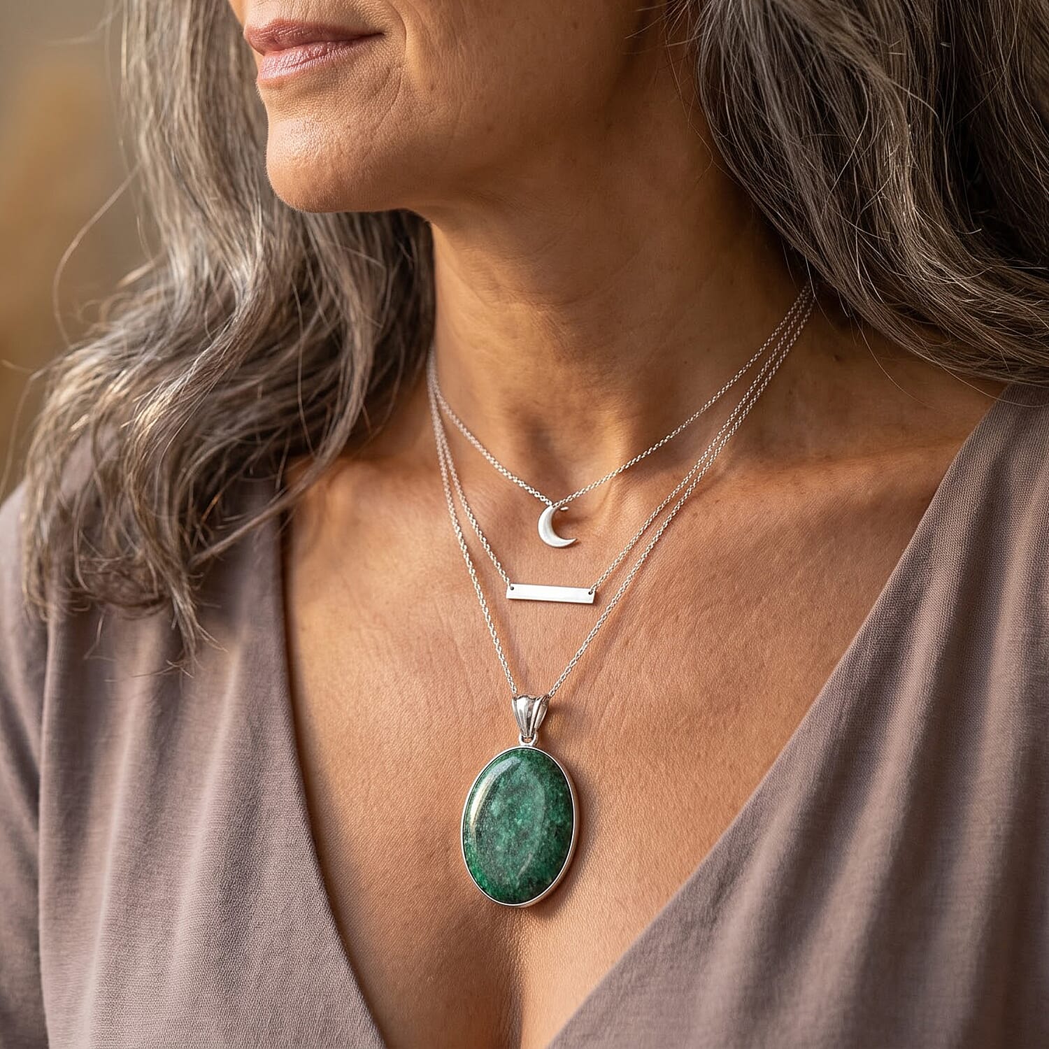 Rainforest Jasper 50.00 ctw Oval Pendant without Chain in Silvertone