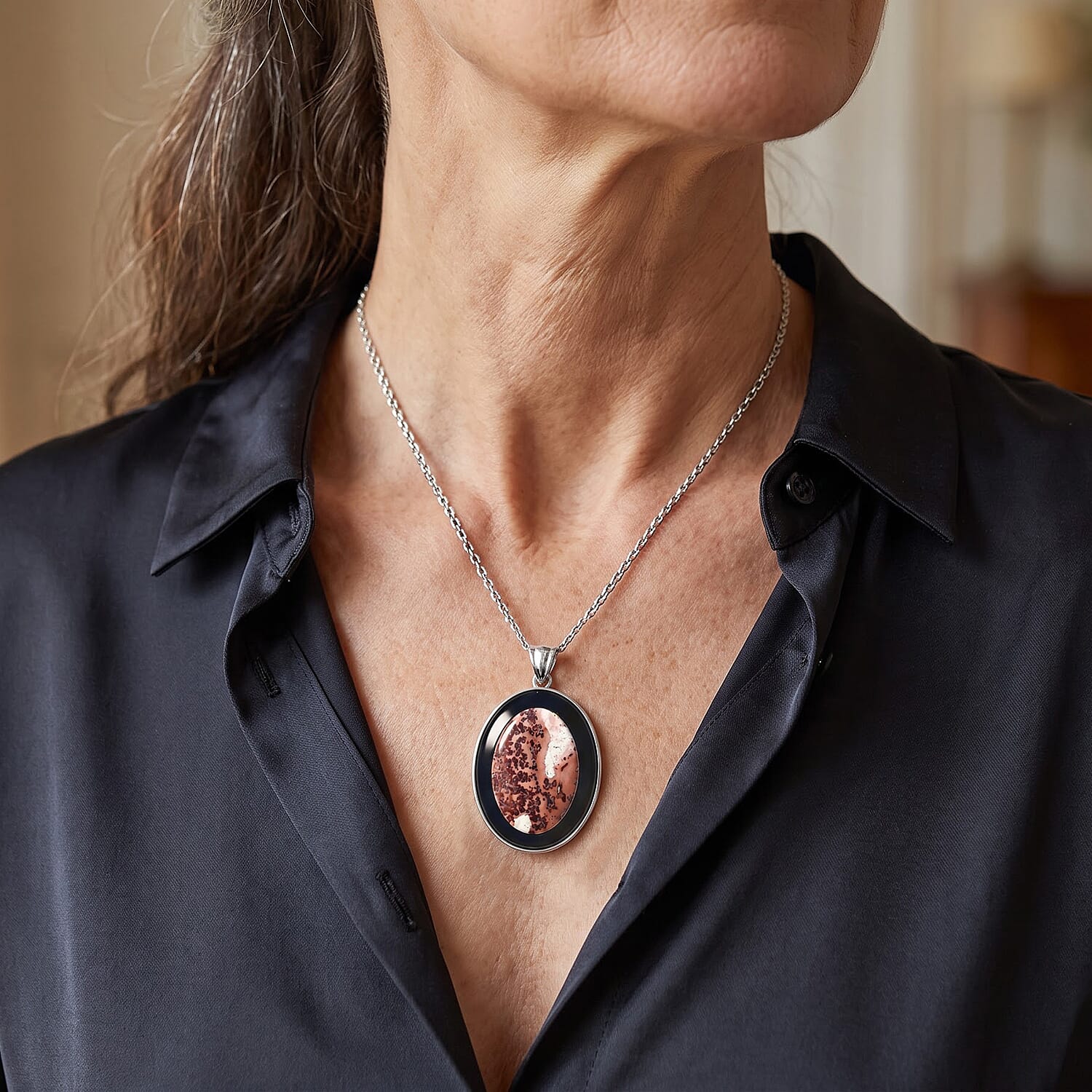Red Picture Jasper and Blackstone 50.00 ctw Pendant without Chain in Silvertone