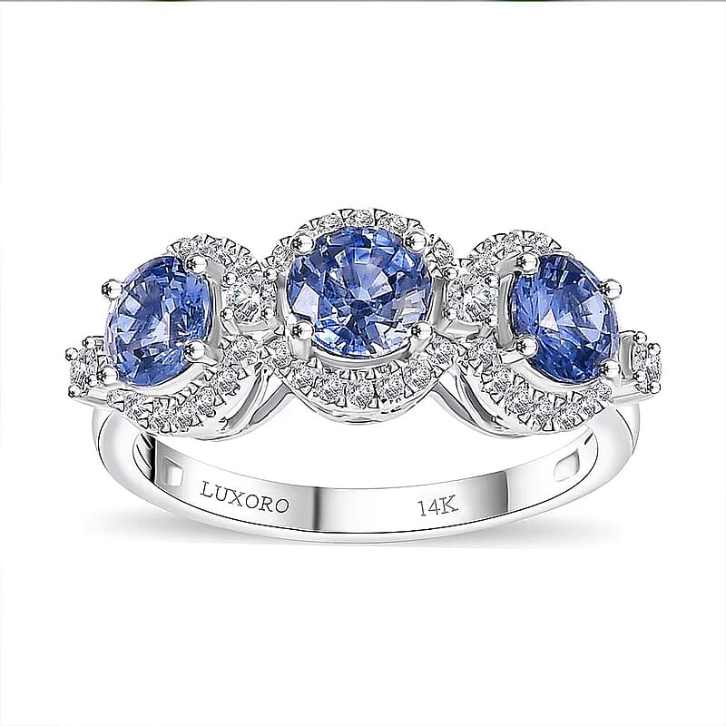 Certified & Appraised Luxoro AAA Ceylon Blue Sapphire and Diamond G-H I2 2.88 ctw Triple Halo Ring in 14K White Gold (Size  10.0) 4.37 Grams