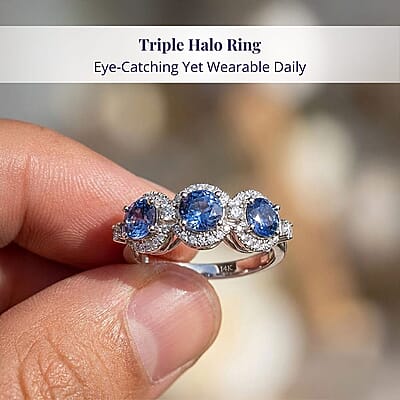 Certified & Appraised Luxoro AAA Ceylon Blue Sapphire and Diamond G-H I2 2.88 ctw Triple Halo Ring in 14K White Gold (Size  10.0) 4.37 Grams