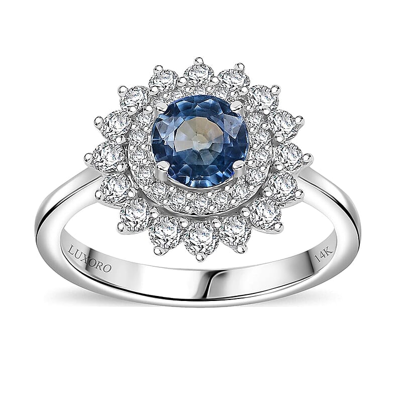 Certified & Appraised Luxoro AAA Blue Sapphire and Diamond G-H I2 1.80 ctw Floral Ring in 14K White Gold (Size  7.5)