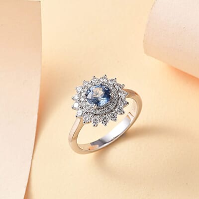 Certified & Appraised Luxoro AAA Blue Sapphire and Diamond G-H I2 1.80 ctw Floral Ring in 14K White Gold (Size  7.5)
