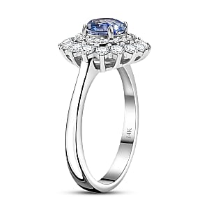 Certified & Appraised Luxoro AAA Blue Sapphire and Diamond G-H I2 1.80 ctw Floral Ring in 14K White Gold (Size  7.5)