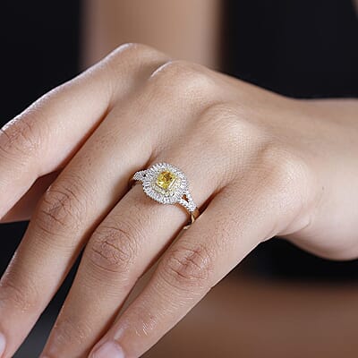 Certified & Appraised Luxoro AAA Songea Sapphire, White and Yellow Diamond I2 1.45 ctw Double Halo Ring in 14K Yellow Gold (Size  11.0)
