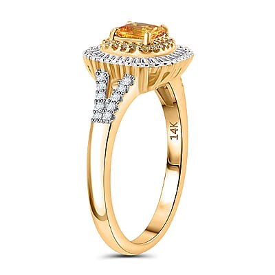 Certified & Appraised Luxoro AAA Songea Sapphire, White and Yellow Diamond I2 1.45 ctw Double Halo Ring in 14K Yellow Gold (Size  11.0)
