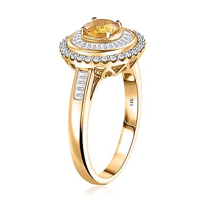 Certified & Appraised Luxoro AAA Madagascar Yellow Sapphire and Diamond I2 2.00 ctw Double Halo Ring in 14K Yellow Gold (Size  8.5)  4.88 Grams