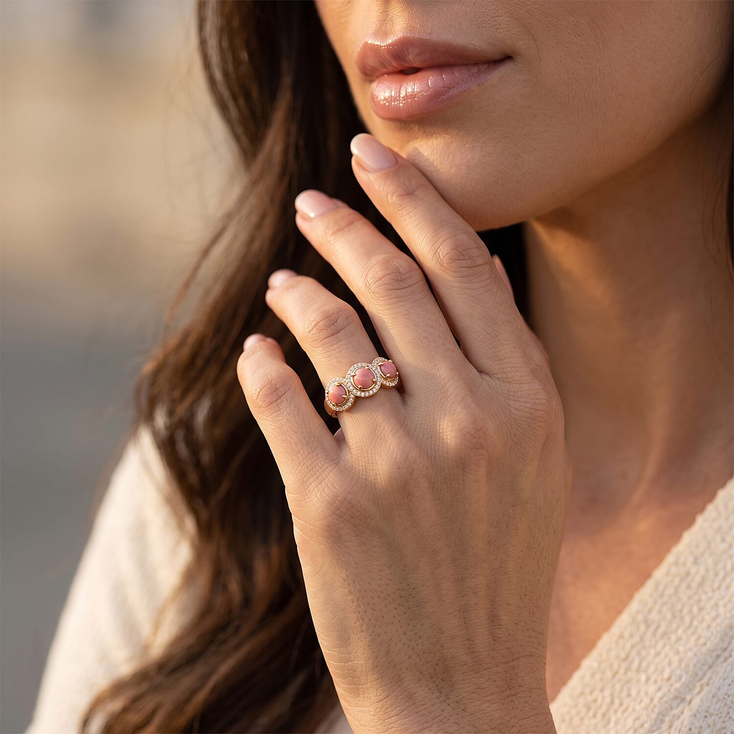 EverTrue Oregon Peach Opal and White Zircon 1.75 ctw Men's Ring in 18K YG Plated (Size 5.0)