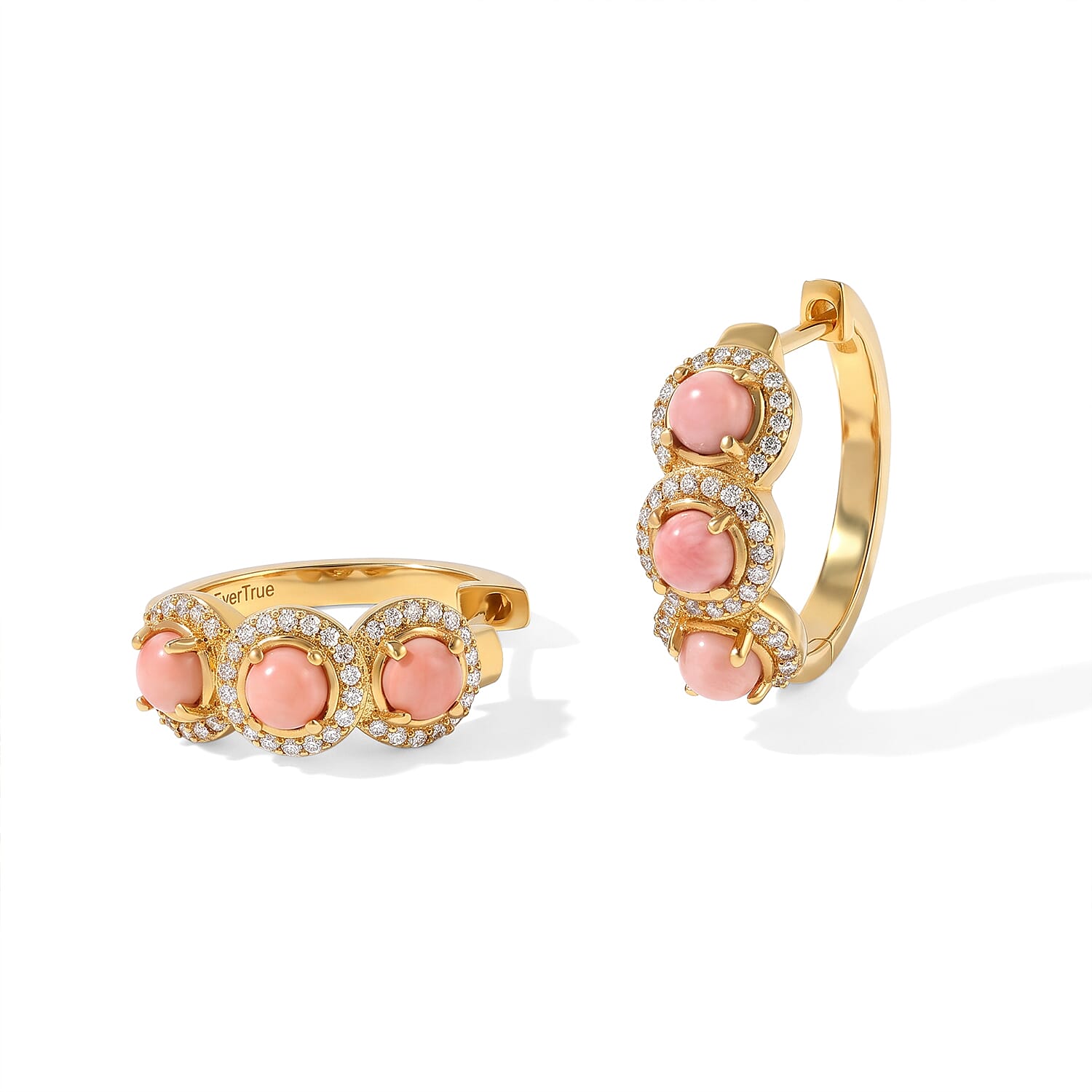 EverTrue Oregon Peach Opal and White Zircon 2.20 ctw Hoop Earrings in 18K YG Plated