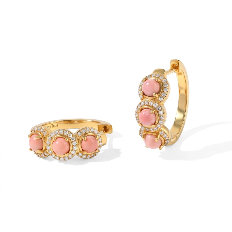 EverTrue Oregon Peach Opal and White Zircon 2.20 ctw Hoop Earrings in 18K YG Plated