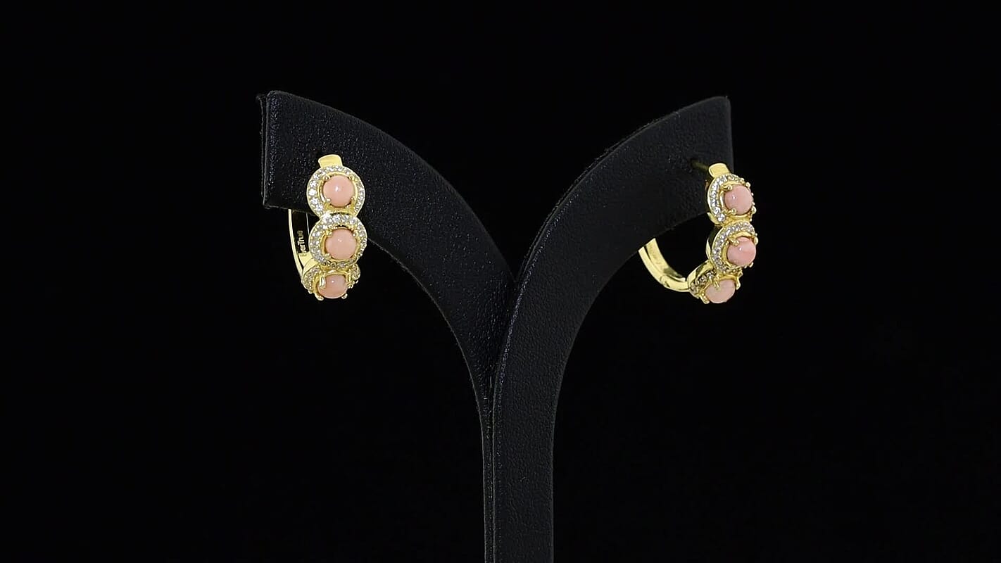 EverTrue Oregon Peach Opal and White Zircon 2.20 ctw Hoop Earrings in 18K YG Plated