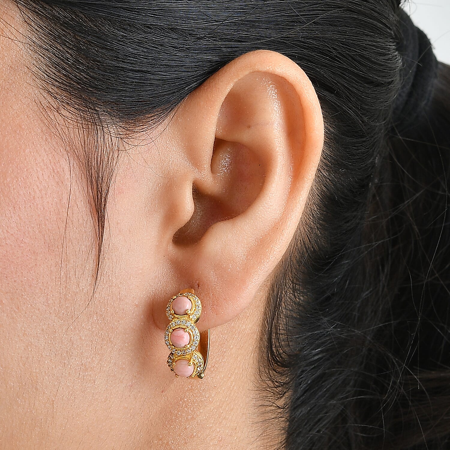 EverTrue Oregon Peach Opal and White Zircon 2.20 ctw Hoop Earrings in 18K YG Plated