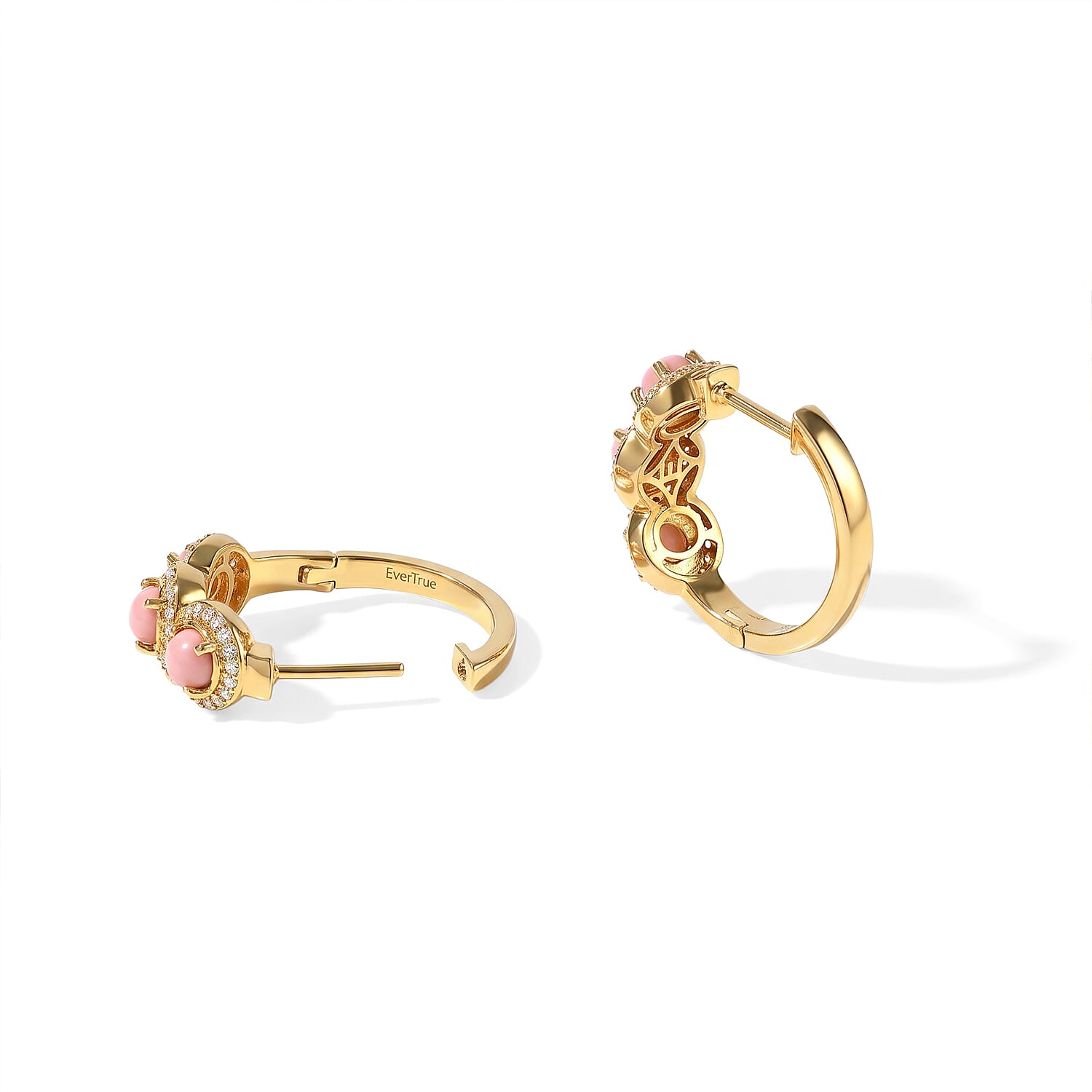 EverTrue Oregon Peach Opal and White Zircon 2.20 ctw Hoop Earrings in 18K YG Plated