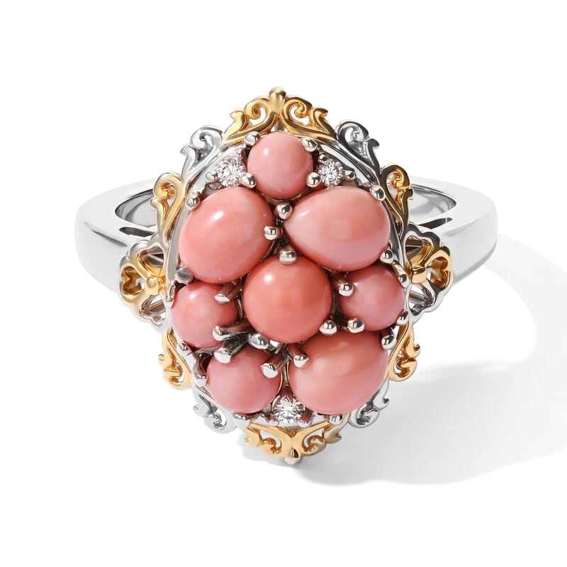 EverTrue Oregon Peach Opal and White Zircon 1.60 ctw Cluster Ring in 18K YG Plated and Platinum Bond (Size 5.0)