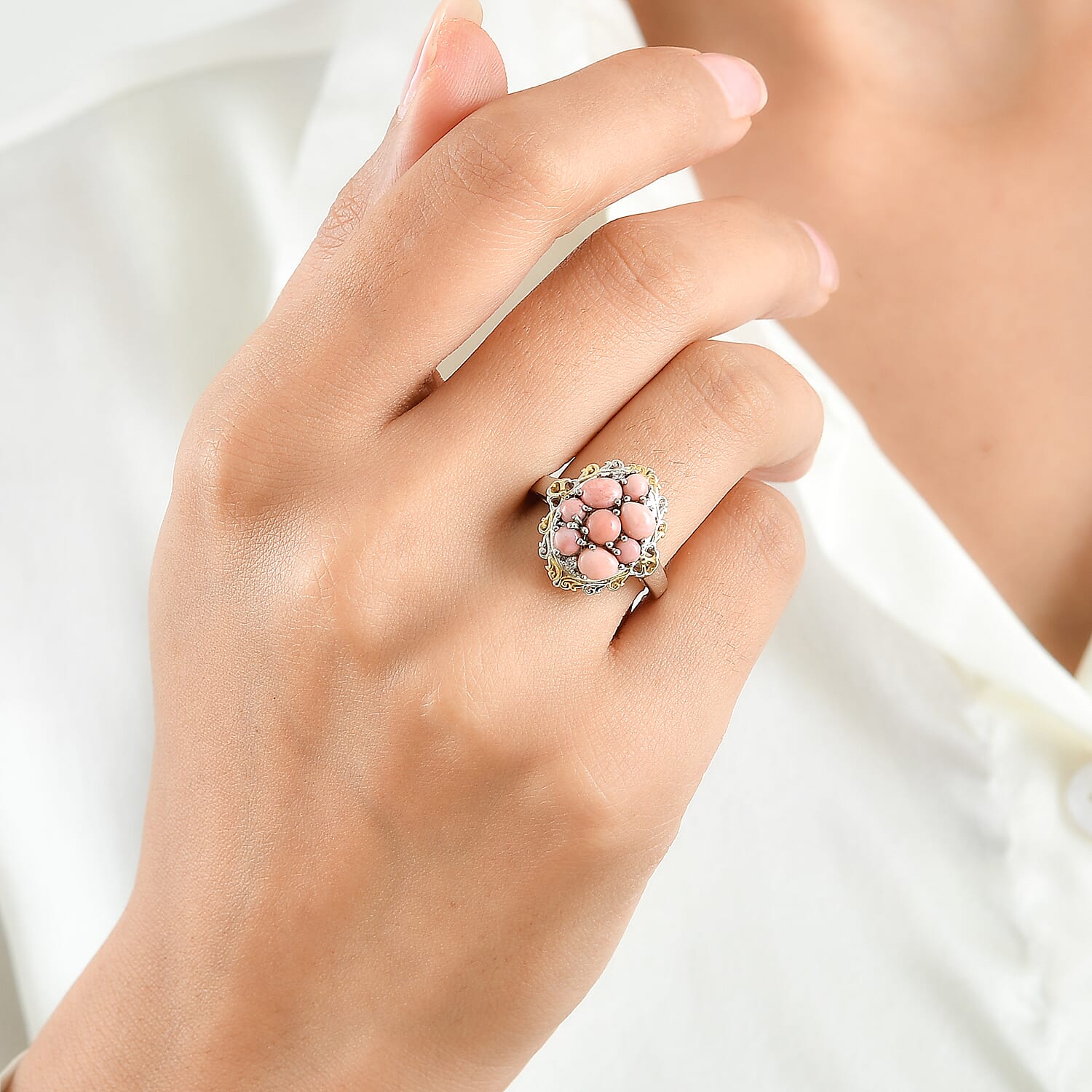 EverTrue Oregon Peach Opal and White Zircon 1.60 ctw Cluster Ring in 18K YG Plated and Platinum Bond (Size 5.0)